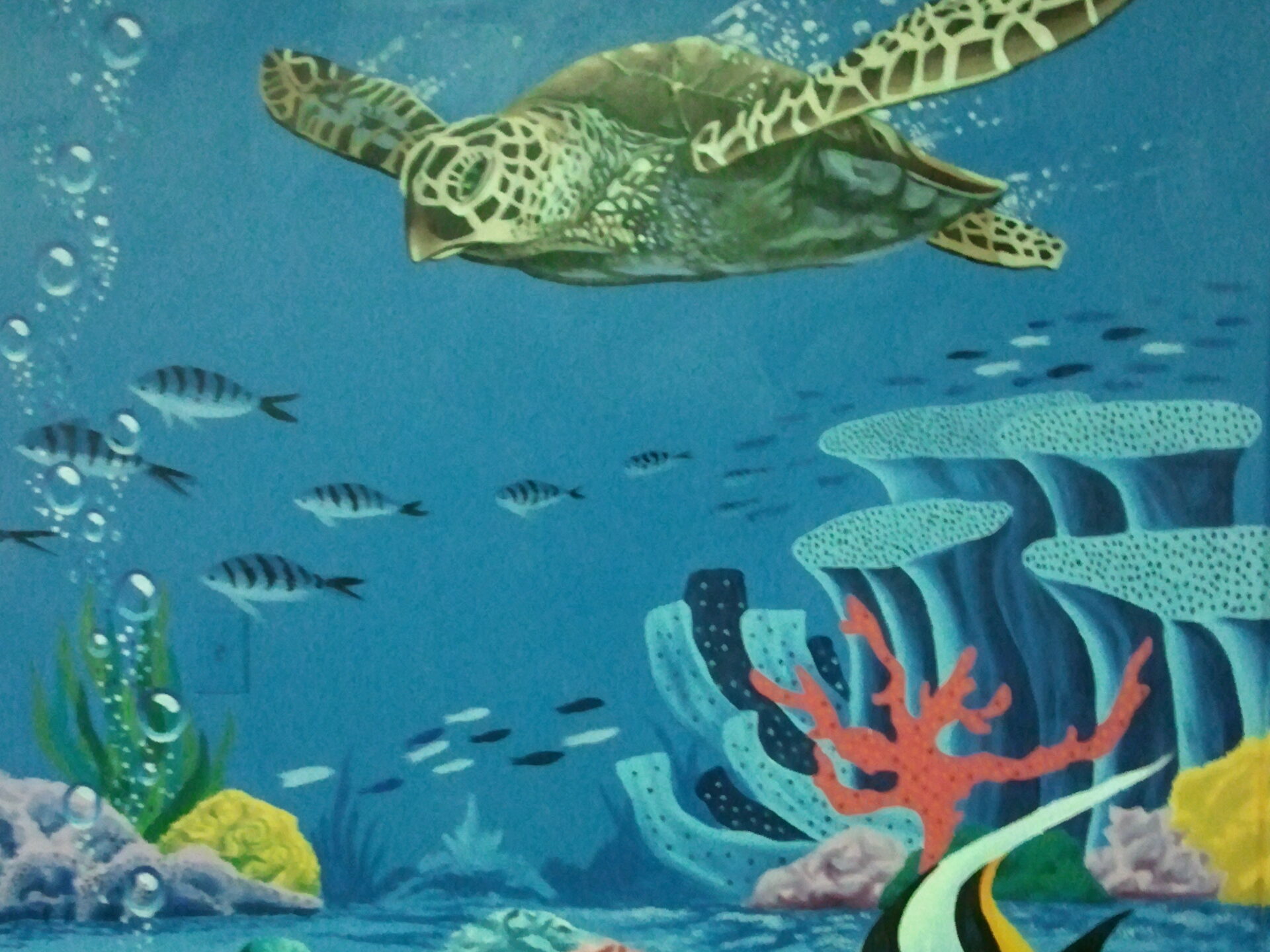 Mural of sea turtle swimming underwater